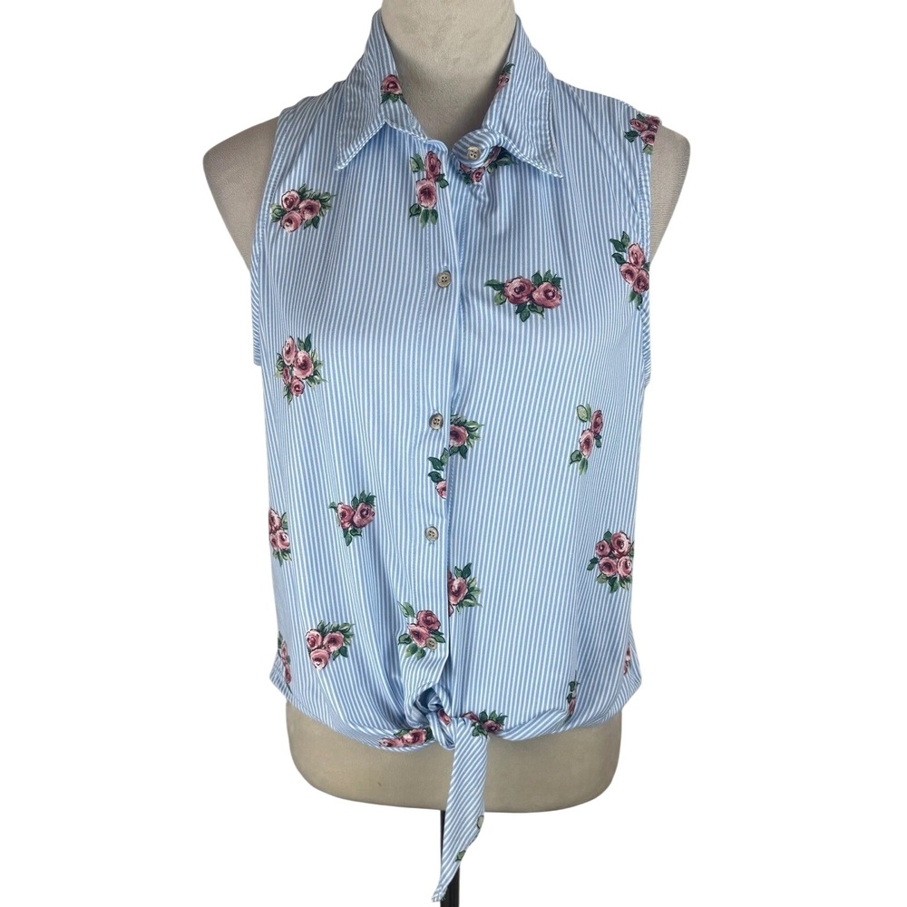 Polly & Esther Sleeveless Tie Front Top Floral Striped Blue White Womens XL